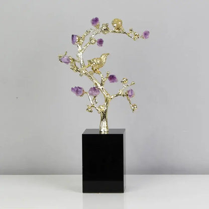 Golden tree brass amethyst crystal flower sculpture living room decor