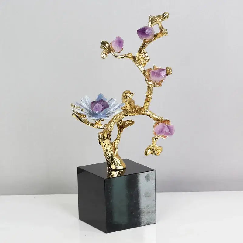 Golden tree brass amethyst crystal flower sculpture living room decor