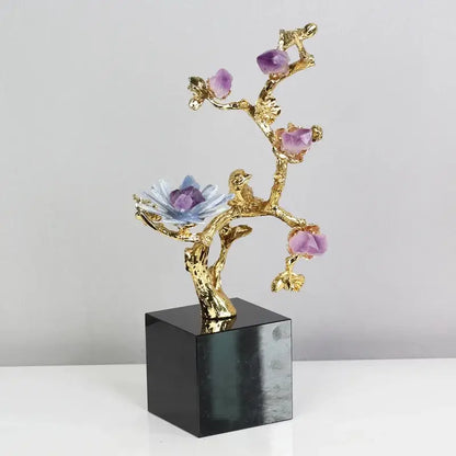 Golden tree brass amethyst crystal flower sculpture living room decor