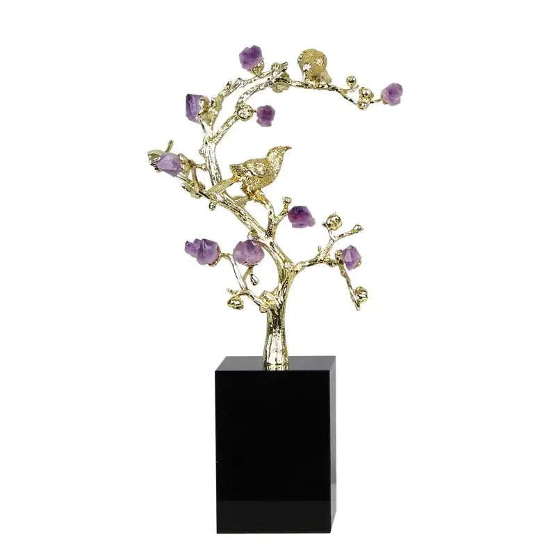 Golden tree brass amethyst crystal flower sculpture living room decor