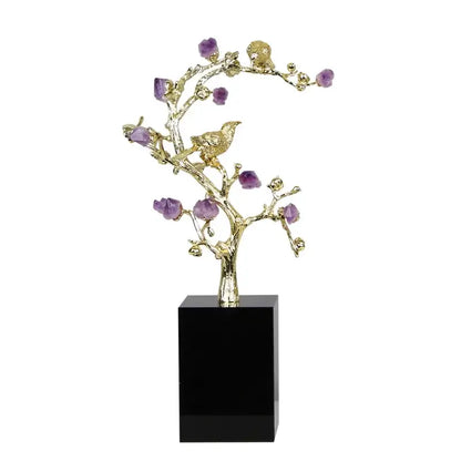 Golden tree brass amethyst crystal flower sculpture living room decor