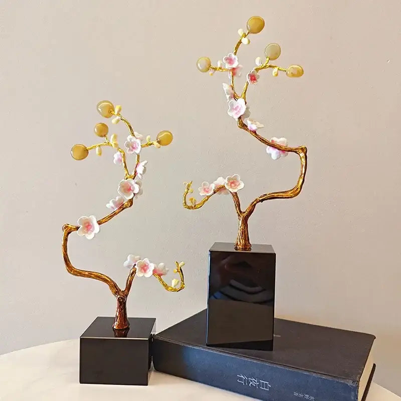 Golden tree pink & white metal decor figurine living room sculpture