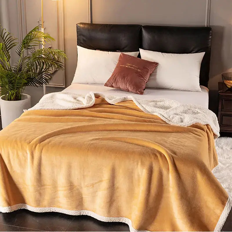 Golden & white double-layer velvet sofa blanket bedroom throw