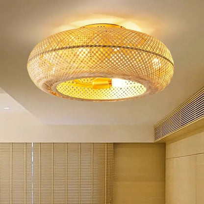 Golden woven bamboo ceiling fan with light bedroom retractable blades