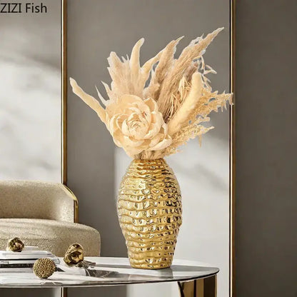 Golden wrinkle ceramic vase living room textured gold decor