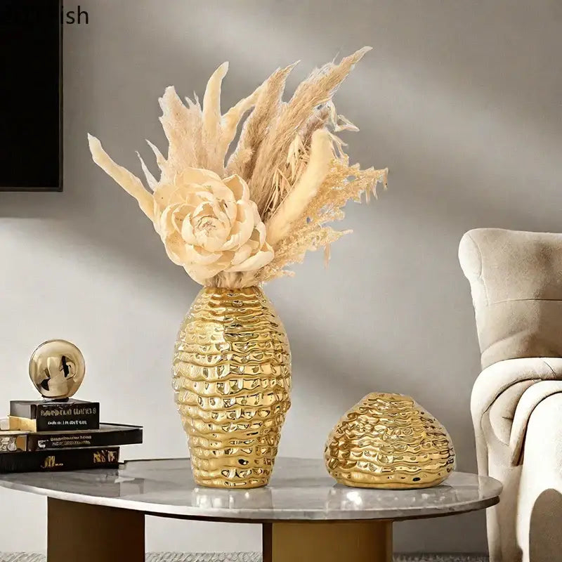 Golden wrinkle ceramic vase living room textured gold decor