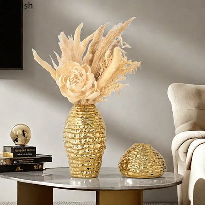 Golden wrinkle ceramic vase living room textured gold decor