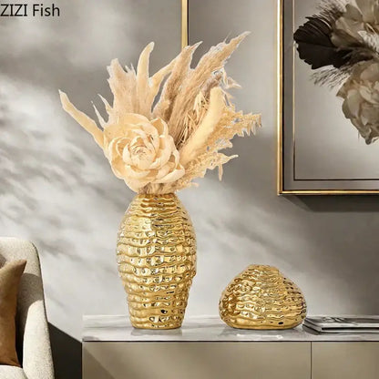Golden wrinkle ceramic vase living room textured gold decor