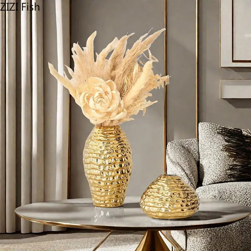 Golden wrinkle ceramic vase living room textured gold decor