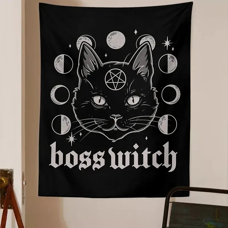 Gothic boss witch cat witchcraft black tapestry bedroom wall decor