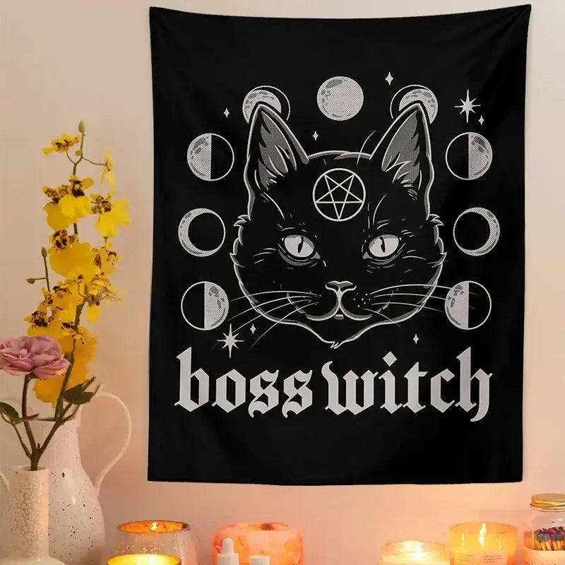 Gothic boss witch cat witchcraft black tapestry bedroom wall decor