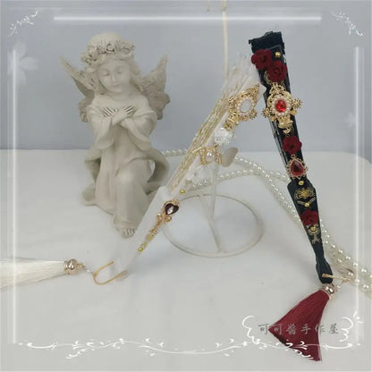 Gothic gold filigree lace fan red white & black party decor