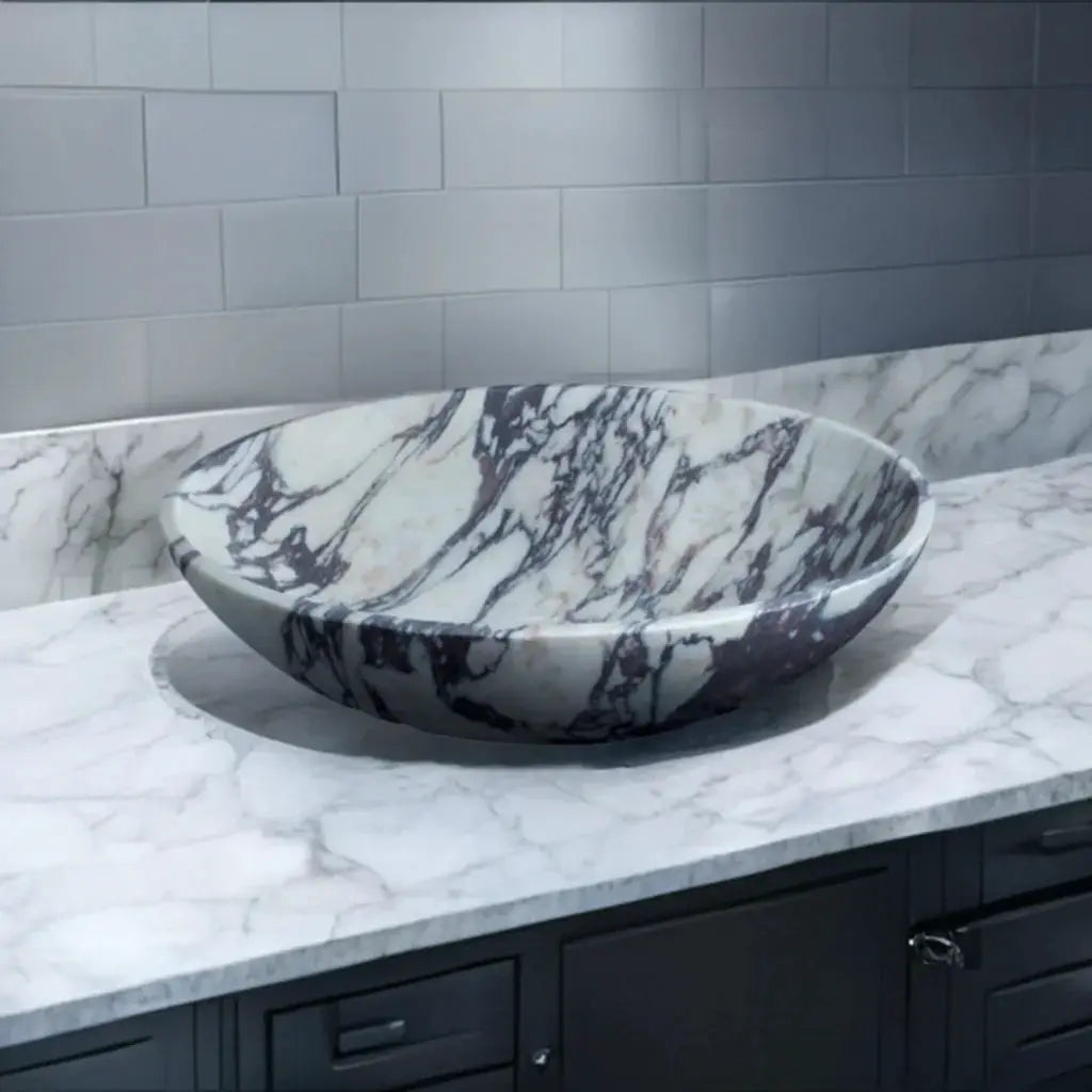 Calacatta Viola Oval White Purple Marble Handcarved Above Counter Vessel Bathroom Sink 14x18x5 Inch