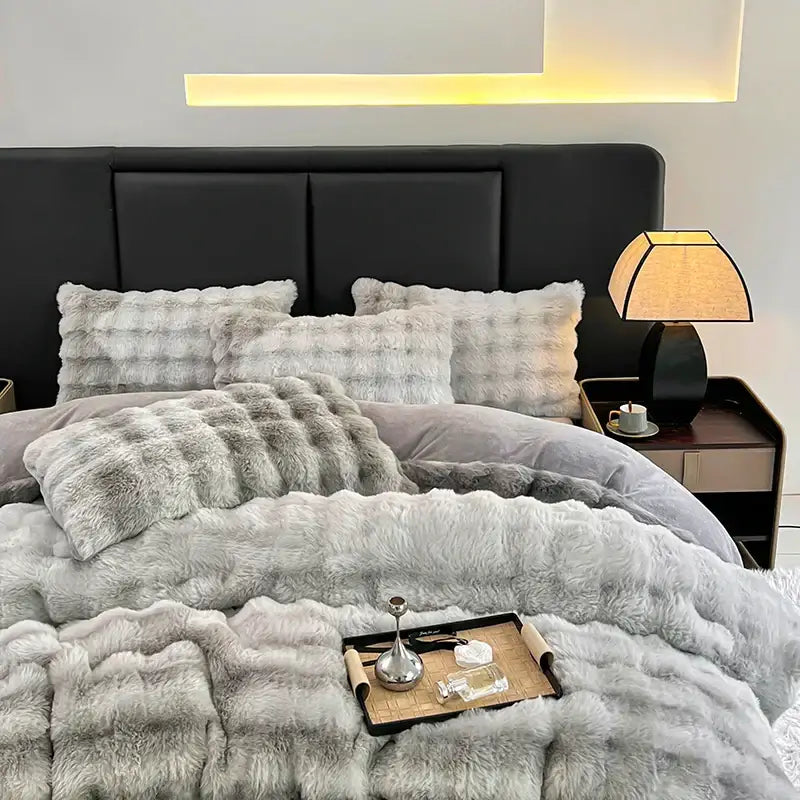 Gradient gray faux fur bedding set bedroom duvet cover