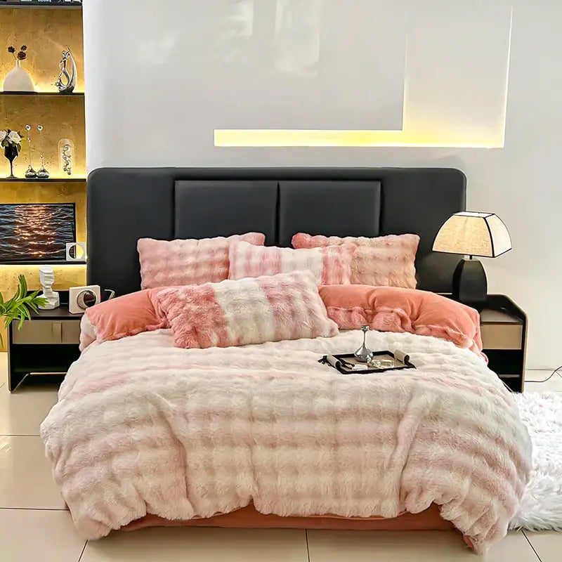 Gradient gray faux fur bedding set bedroom duvet cover