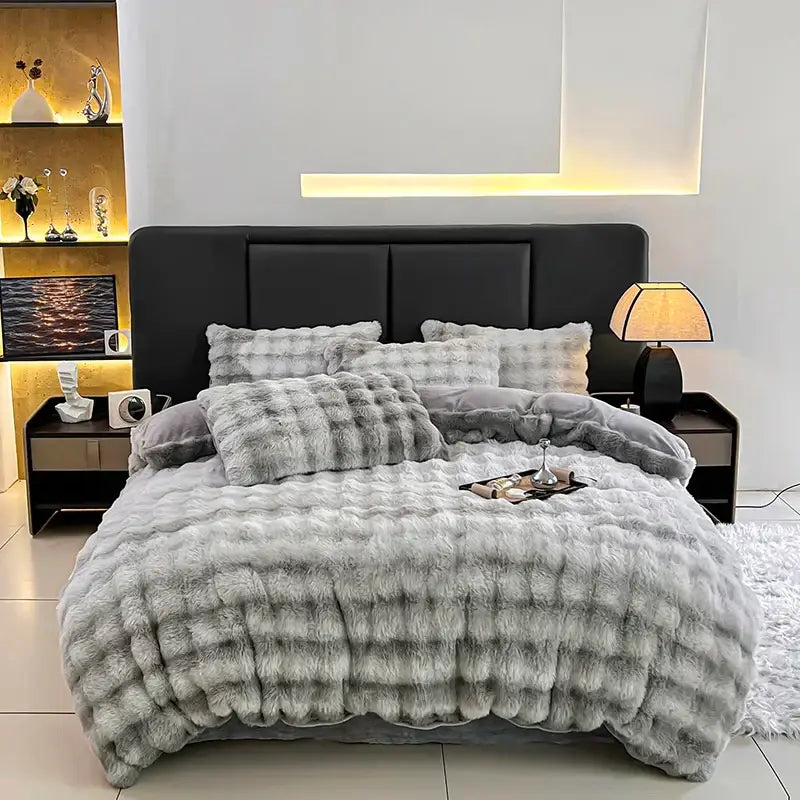 Gradient gray faux fur bedding set bedroom duvet cover