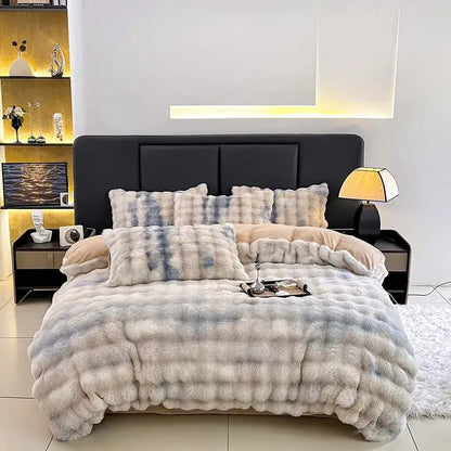 Gradient gray faux fur bedding set bedroom duvet cover