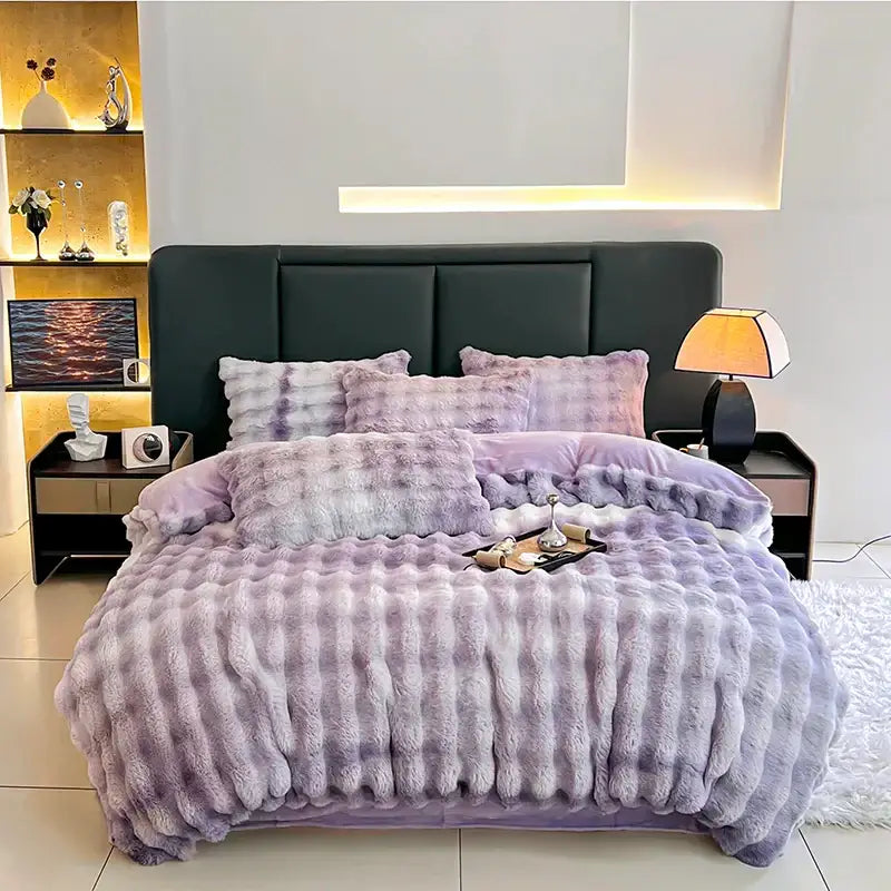 Gradient gray faux fur bedding set bedroom duvet cover