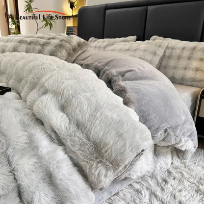 Gradient gray faux fur bedding set bedroom duvet cover