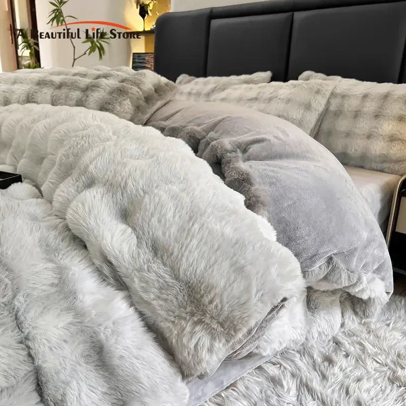 Gradient gray faux fur bedding set bedroom duvet cover