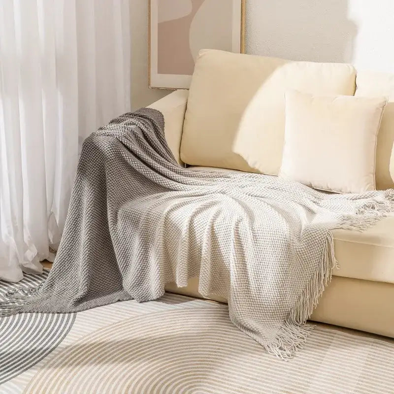Gradient pineapple grid knit blanket bedroom tasseled throw