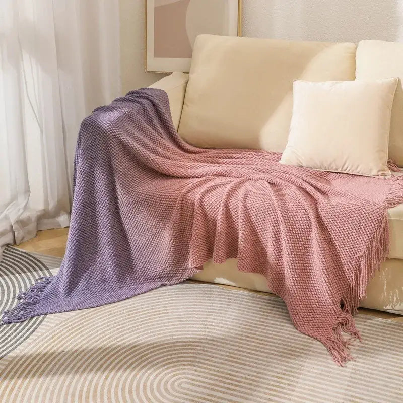 Gradient pineapple grid knit blanket bedroom tasseled throw