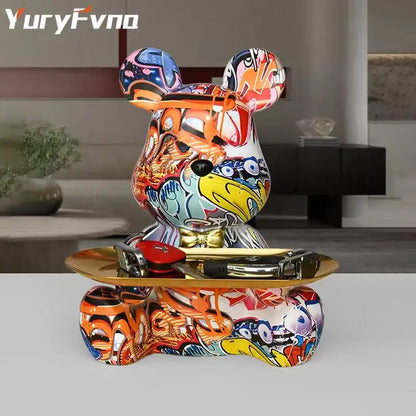 Graffiti bear figurine with gold tray living room storage sculpture