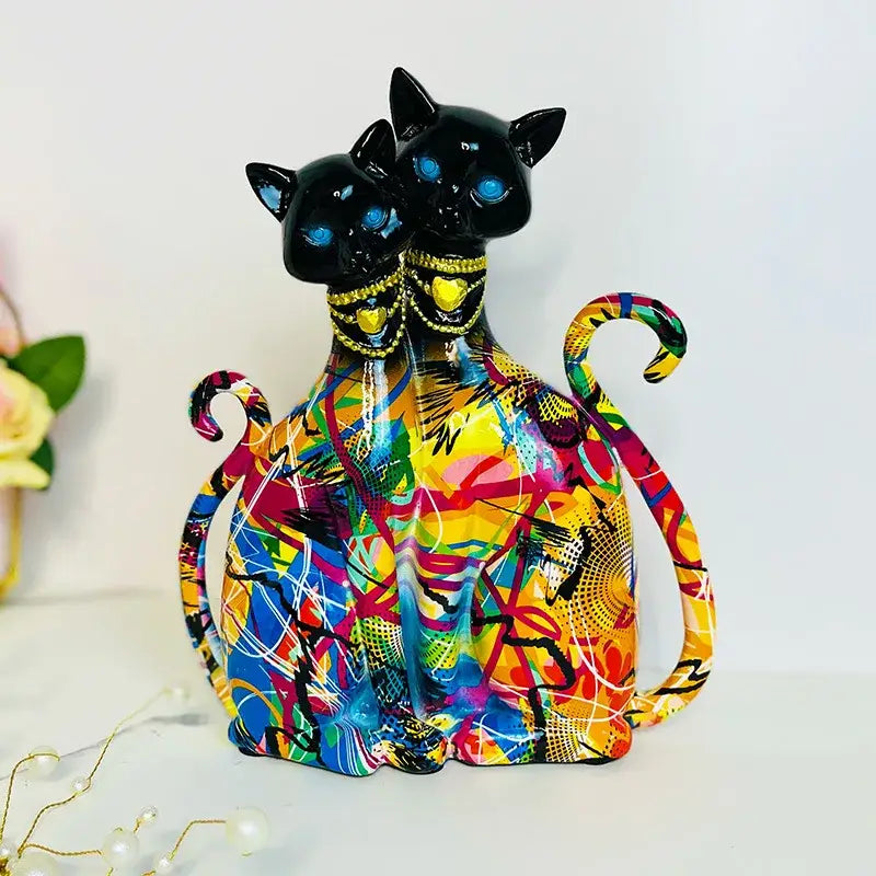 Graffiti cat couple sculpture vibrant pop art living room decor