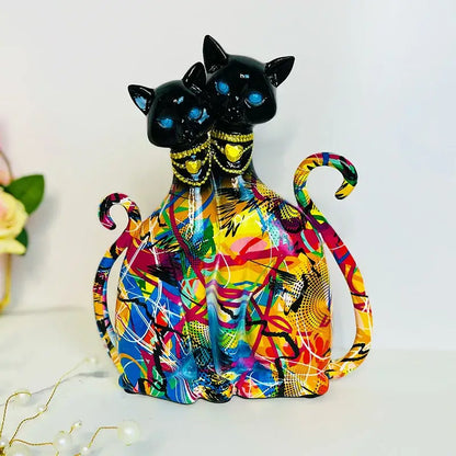 Graffiti cat couple sculpture vibrant pop art living room decor