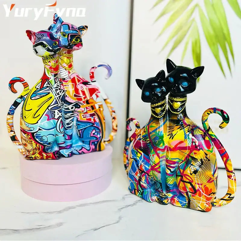 Graffiti cat couple sculpture vibrant pop art living room decor