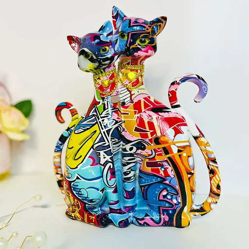 Graffiti cat couple sculpture vibrant pop art living room decor