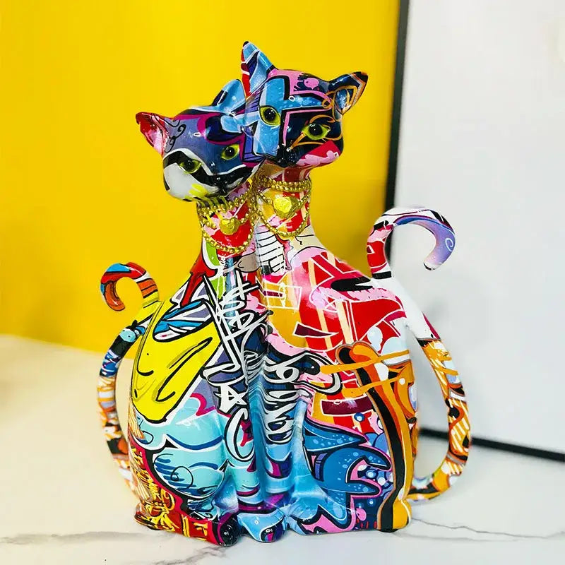 Graffiti cat couple sculpture vibrant pop art living room decor