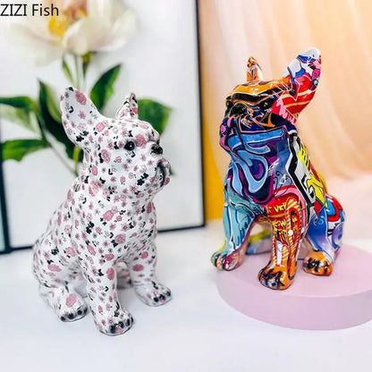 Graffiti & floral bulldog punk art resin sculptures living room decor