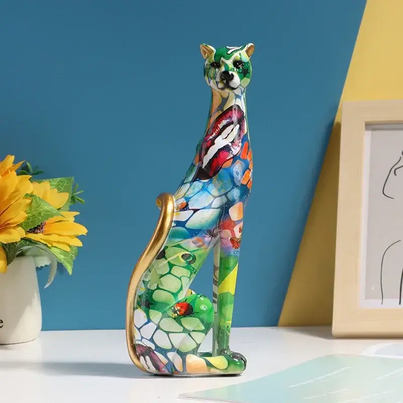Graffiti leopard resin sculpture living room colorful cat decor