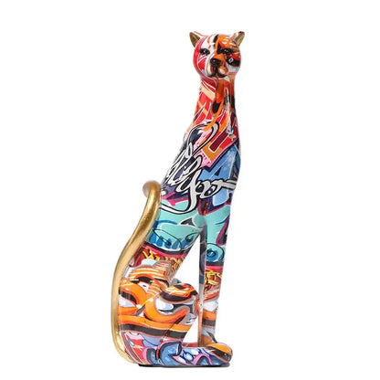 Graffiti leopard resin sculpture living room colorful cat decor