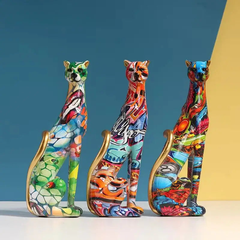 Graffiti leopard resin sculpture living room colorful cat decor
