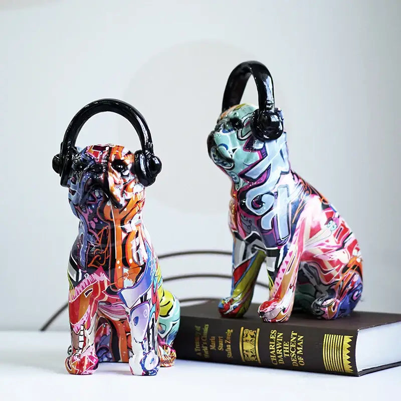 Graffiti resin bulldog headphone figurines living room decor