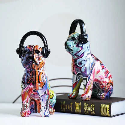 Graffiti resin bulldog headphone figurines living room decor