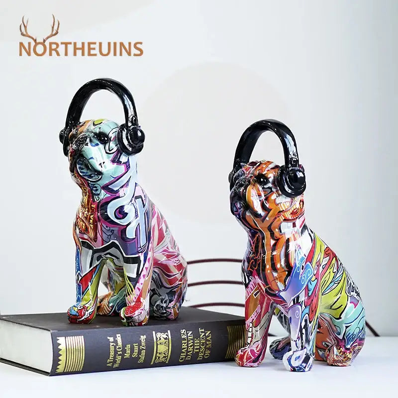 Graffiti resin bulldog headphone figurines living room decor