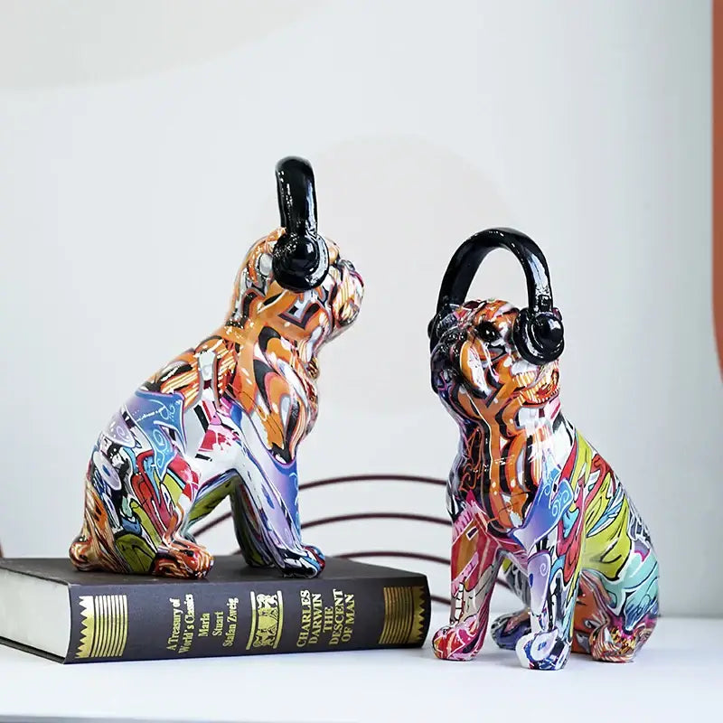 Graffiti resin bulldog headphone figurines living room decor