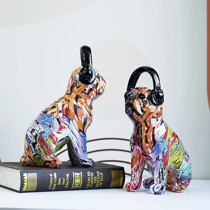 Graffiti resin bulldog headphone figurines living room decor