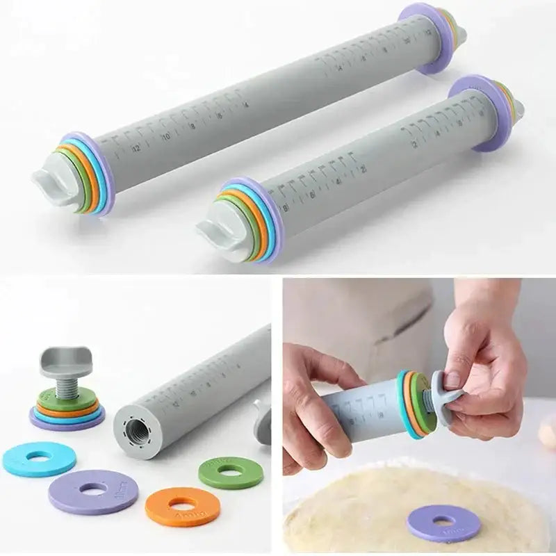 Gray adjustable silicone rolling pin with colorful rings kitchen tool
