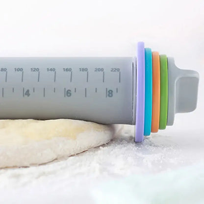 Gray adjustable silicone rolling pin with colorful rings kitchen tool