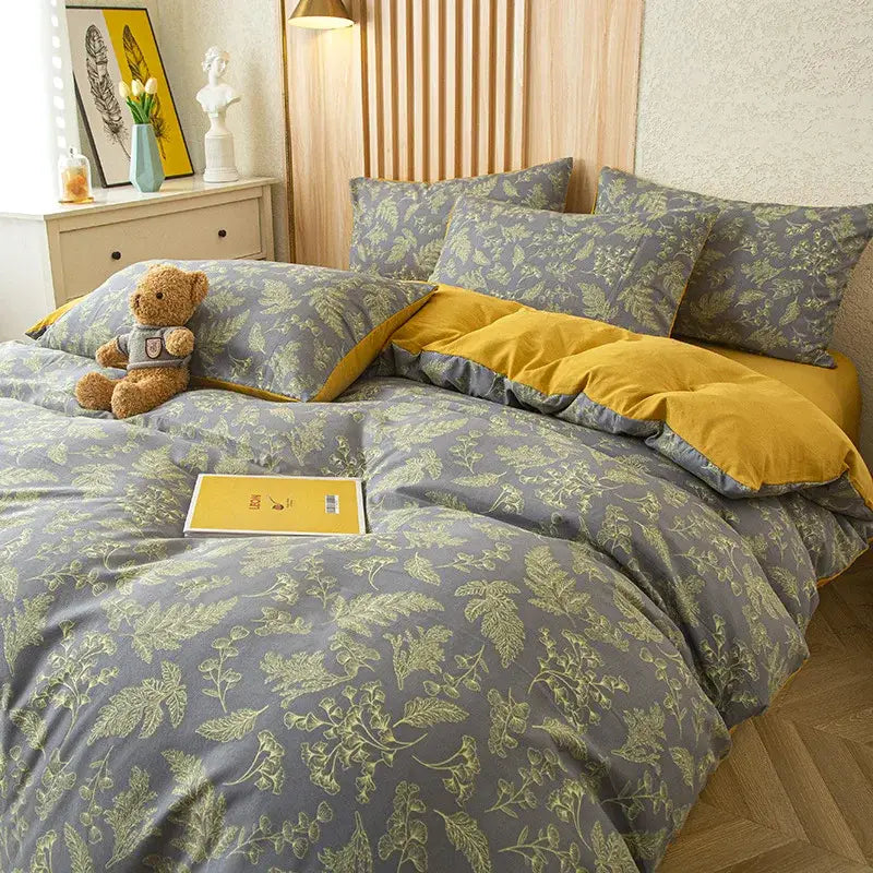 Gray and mustard floral green leaf print bedding set bedroom decor