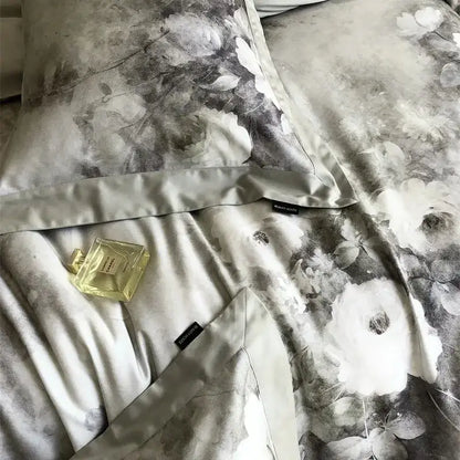 Gray and white ruffled flowers pattern brushed bedding set bedroom