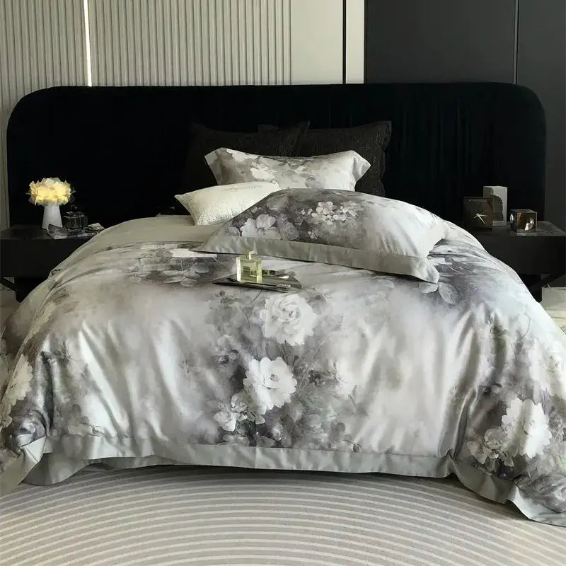 Gray and white ruffled flowers pattern brushed bedding set bedroom