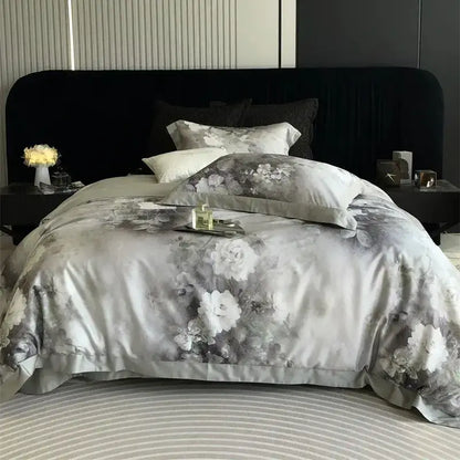 Gray and white ruffled flowers pattern brushed bedding set bedroom