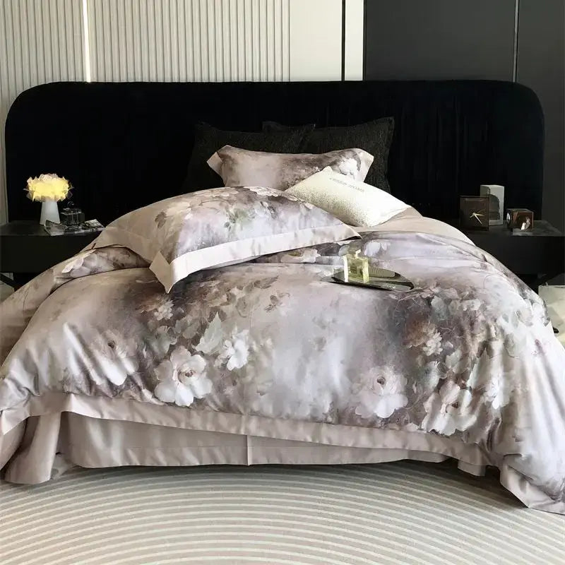 Gray and white ruffled flowers pattern brushed bedding set bedroom