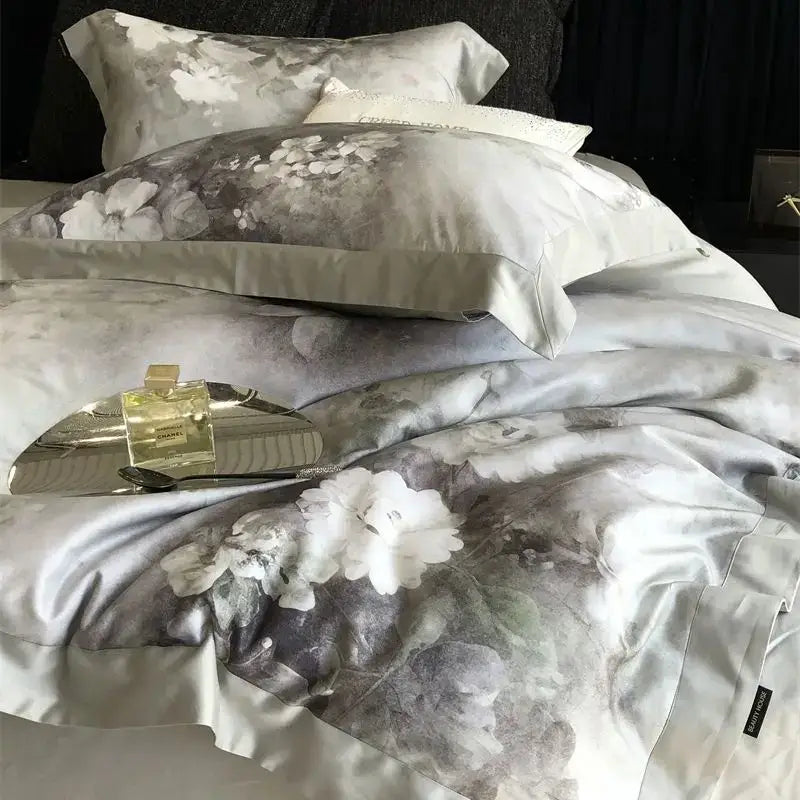 Gray and white ruffled flowers pattern brushed bedding set bedroom