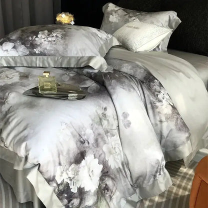 Gray and white ruffled flowers pattern brushed bedding set bedroom